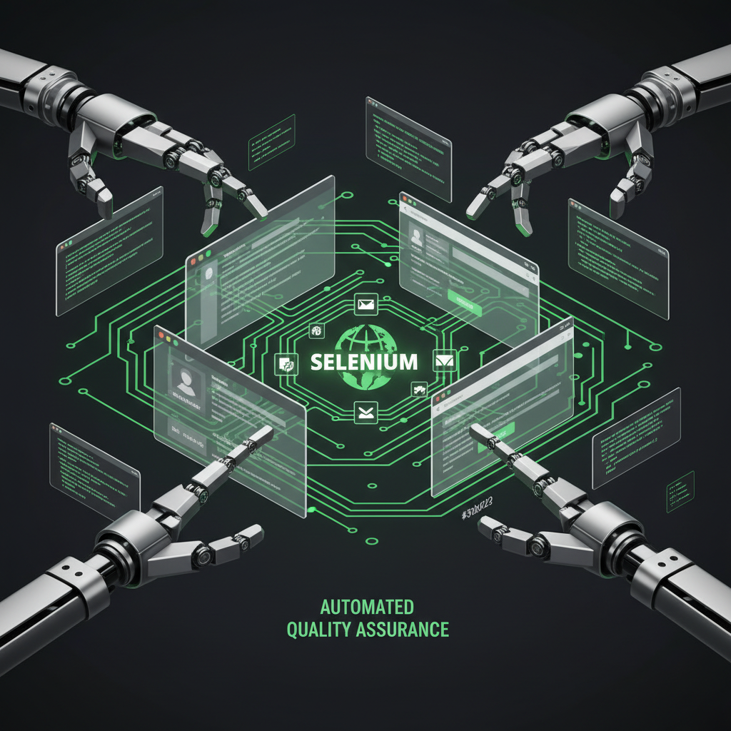 Selenium test automation illustration showing robot arms interacting with browser windows and code